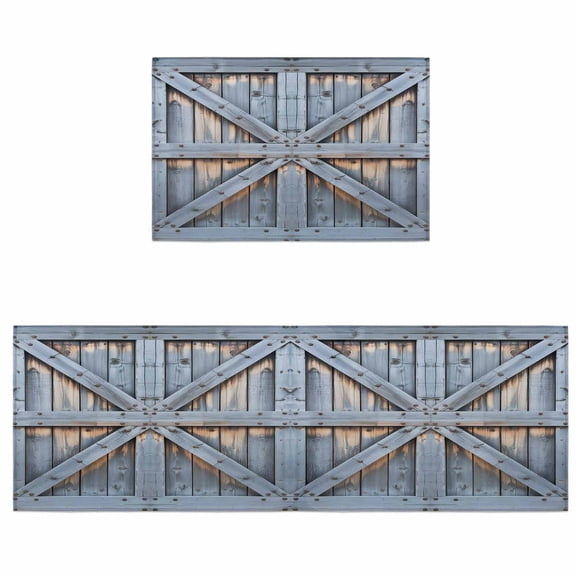 Kitchen Rugs and Mats 2 Pieces Barn Gate Runner Rug Sets Blue Farmhouse Wood Grain Walls Door Soft Comfort Standing Kitchen Mats for Floor Absorbent Area Rugs Carpet Non Slip Cushioned Doormat