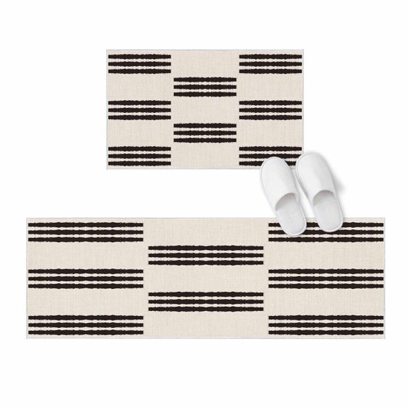 Kitchen Rugs and Mats 2 Pieces Black Linear Rows Runner Rug Sets Modern Horizontal Lines Soft Comfort Standing Kitchen Mats for Floor Absorbent Area Rugs Carpet Non Slip Cushioned Doormat