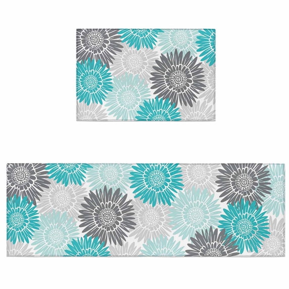 Kitchen Rugs and Mats 2 Pieces Bloom Sunflower Runner Rug Sets Teal Blue Blue Blooming Floral Soft Comfort Standing Kitchen Mats for Floor Absorbent Area Rugs Carpet Non Slip Cushioned Doormat