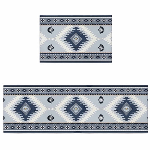 Kitchen Rugs and Mats 2 Pieces Blue Bohemian Runner Rug Sets Aztec Boho Tribal Style Soft Comfort Standing Kitchen Mats for Floor Absorbent Area Rugs Carpet Non Slip Cushioned Doormat
