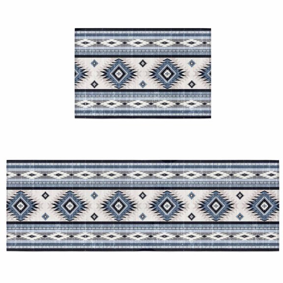 Kitchen Rugs and Mats 2 Pieces Blue Boho Aztec Runner Rug Sets Southwest Tribal Geometric Soft Comfort Standing Kitchen Mats for Floor Absorbent Area Rugs Carpet Non Slip Cushioned Doormat
