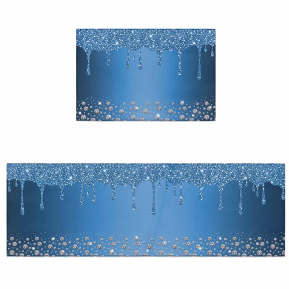Kitchen Rugs and Mats 2 Pieces Blue Diamond Runner Rug Sets Luxury Bling Water Drop Soft Comfort Standing Kitchen Mats for Floor Absorbent Area Rugs Carpet Non Slip Cushioned Doormat