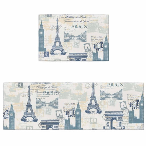 Kitchen Rugs and Mats 2 Pieces Blue Eiffel Tower Runner Rug Sets France Paris Travel Landscape Soft Comfort Standing Kitchen Mats for Floor Absorbent Area Rugs Carpet Non Slip Cushioned Doormat