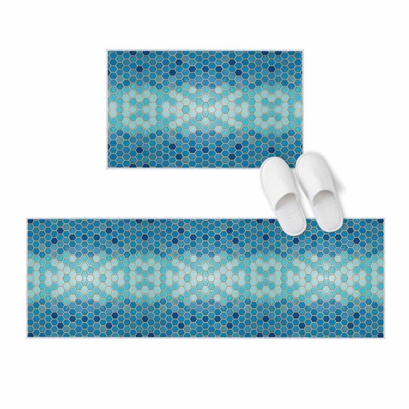 Kitchen Rugs and Mats 2 Pieces Blue Honeycomb Grid Runner Rug Sets Gradient Hexagonal Cells Soft Comfort Standing Kitchen Mats for Floor Absorbent Area Rugs Carpet Non Slip Cushioned Doormat