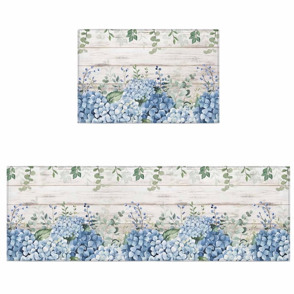 Kitchen Rugs and Mats 2 Pieces Blue Hydrangea Runner Rug Sets Green Eucalyptus Leaves Wood Grain Soft Comfort Standing Kitchen Mats for Floor Absorbent Area Rugs Carpet Non Slip Cushioned Doormat