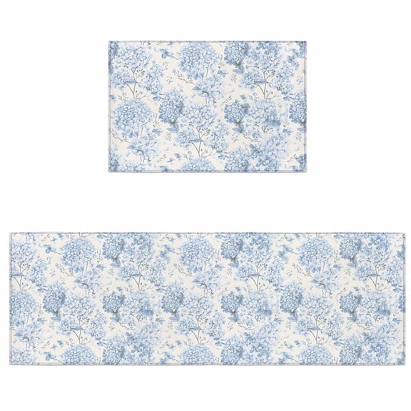 Kitchen Rugs and Mats 2 Pieces Blue Hydrangea Runner Rug Sets Spring Flower Leaf Soft Comfort Standing Kitchen Mats for Floor Absorbent Area Rugs Carpet Non Slip Cushioned Doormat