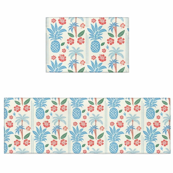 Kitchen Rugs and Mats 2 Pieces Blue Pineapple Runner Rug Sets Floral Tropical Fruit Palm Tree Soft Comfort Standing Kitchen Mats for Floor Absorbent Area Rugs Carpet Non Slip Cushioned Doormat