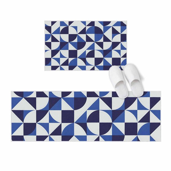 Kitchen Rugs and Mats 2 Pieces Blue Quarter Circles Runner Rug Sets Geometric Triangle Shards Soft Comfort Standing Kitchen Mats for Floor Absorbent Area Rugs Carpet Non Slip Cushioned Doormat