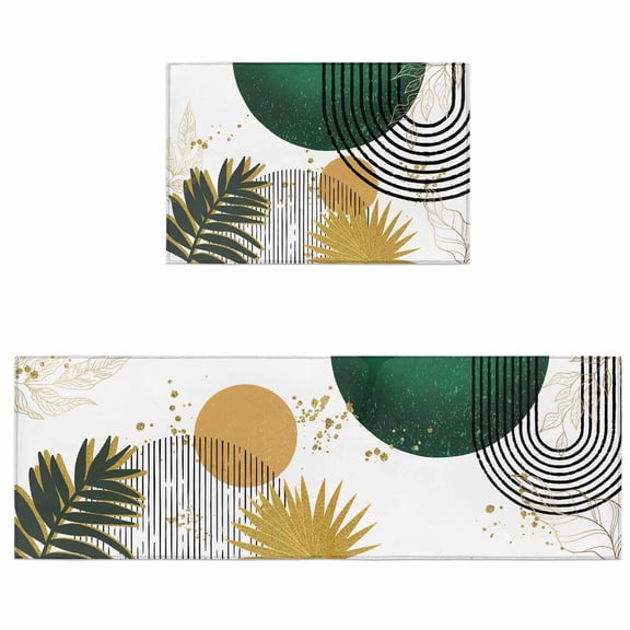 Kitchen Rugs and Mats 2 Pieces Bohemian Leaves Runner Rug Sets Boho Geometric Stripes Lines Soft Comfort Standing Kitchen Mats for Floor Absorbent Area Rugs Carpet Non Slip Cushioned Doormat