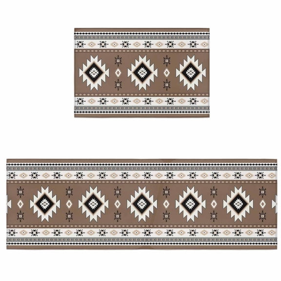 Kitchen Rugs and Mats 2 Pieces Brown Boho Runner Rug Sets Southwest Tribal Aztec Geometric Soft Comfort Standing Kitchen Mats for Floor Absorbent Area Rugs Carpet Non Slip Cushioned Doormat