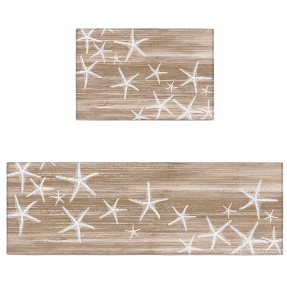Kitchen Rugs and Mats 2 Pieces Brown Starfish Runner Rug Sets Summer Ocean Beach Soft Comfort Standing Kitchen Mats for Floor Absorbent Area Rugs Carpet Non Slip Cushioned Doormat