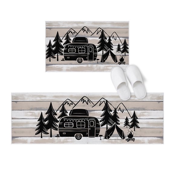 Kitchen Rugs and Mats 2 Pieces Camper Forest Runner Rug Sets Pine Trees Mountain Wood Grain Home Soft Comfort Standing Kitchen Mats for Floor Absorbent Area Rugs Carpet Non Slip Cushioned Doormat