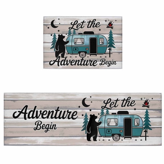 Kitchen Rugs and Mats 2 Pieces Camper Van Bear Runner Rug Sets Let The Adventure Begin Wood Grain Moon Soft Comfort Kitchen Mats for Floor Absorbent Area Rugs Carpet Non Slip Cushioned Doormat