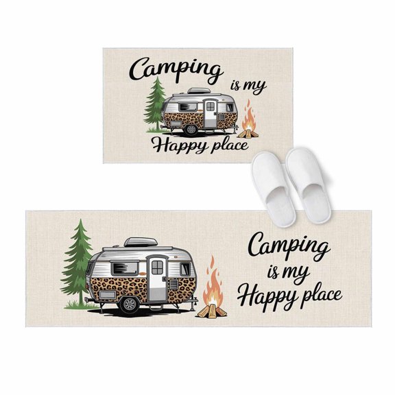 Kitchen Rugs and Mats 2 Pieces Camping Is My Happy Place Runner Rug Sets Camper Van Tree Flame Soft Comfort Standing Kitchen Mats for Floor Absorbent Area Rugs Carpet Non Slip Cushioned Doormat