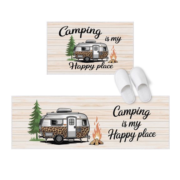 Kitchen Rugs and Mats 2 Pieces Camping Is My Happy Place Runner Rug Sets Camper Van Tree Flame Wood Soft Comfort Standing Kitchen Mats for Floor Absorbent Area Rugs Carpet Non Slip Cushioned Doormat