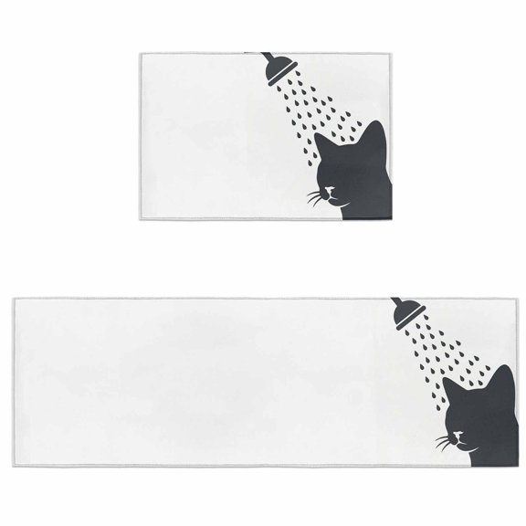 Kitchen Rugs and Mats 2 Pieces Cat Shower Runner Rug Sets Funny Animal Shadow Soft Comfort Standing Kitchen Mats for Floor Absorbent Area Rugs Carpet Non Slip Cushioned Doormat