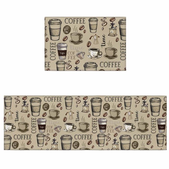 Kitchen Rugs and Mats 2 Pieces Coffee Beans Runner Rug Sets Khaki Coffee Cups Soft Comfort Standing Kitchen Mats for Floor Absorbent Area Rugs Carpet Non Slip Cushioned Doormat