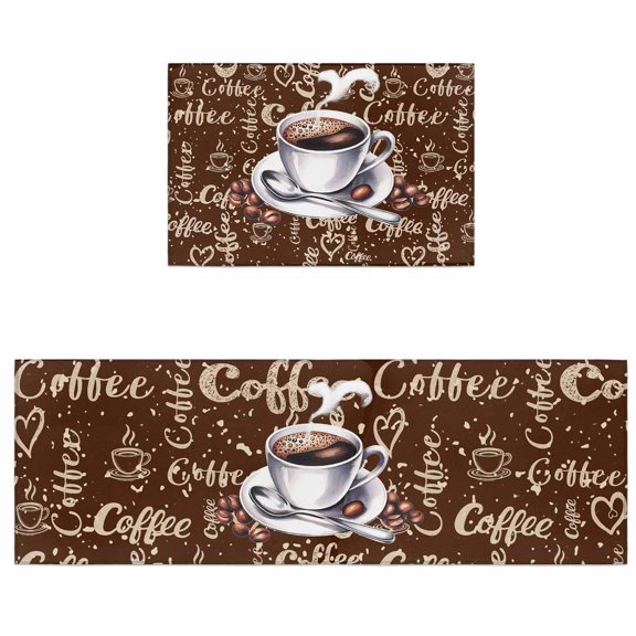 Kitchen Rugs and Mats 2 Pieces Coffee Cup Beans Runner Rug Sets Retro Brown Cafe Soft Comfort Standing Kitchen Mats for Floor Absorbent Area Rugs Carpet Non Slip Cushioned Doormat
