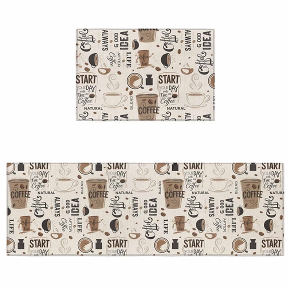 Kitchen Rugs and Mats 2 Pieces Coffee Cup Runner Rug Sets Coffee Beans Day Soft Comfort Standing Kitchen Mats for Floor Absorbent Area Rugs Carpet Non Slip Cushioned Doormat