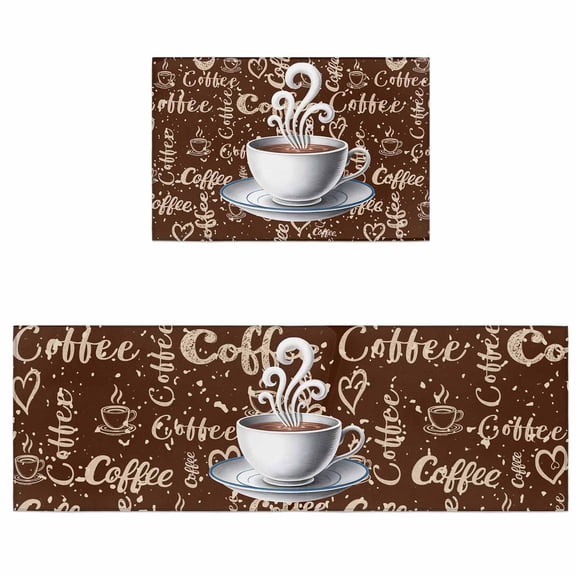 Kitchen Rugs and Mats 2 Pieces Coffee Cup Runner Rug Sets Retro Brown Cafe Soft Comfort Standing Kitchen Mats for Floor Absorbent Area Rugs Carpet Non Slip Cushioned Doormat