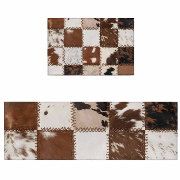 Kitchen Rugs and Mats 2 Pieces Cow Animal Fur Skin Runner Rug Sets Western Cowboy Soft Comfort Standing Kitchen Mats for Floor Absorbent Area Rugs Carpet Non Slip Cushioned Doormat
