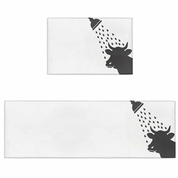 Kitchen Rugs and Mats 2 Pieces Cow Shower Runner Rug Sets Funny Animal Shadow Soft Comfort Standing Kitchen Mats for Floor Absorbent Area Rugs Carpet Non Slip Cushioned Doormat