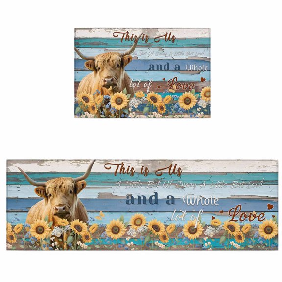 Kitchen Rugs and Mats 2 Pieces Farm Highland Cattle Sunflower Runner Rug Sets Blue Wood Grain Cow Animal Soft Comfort Kitchen Mats for Floor Absorbent Area Rugs Carpet Non Slip Cushioned Doormat