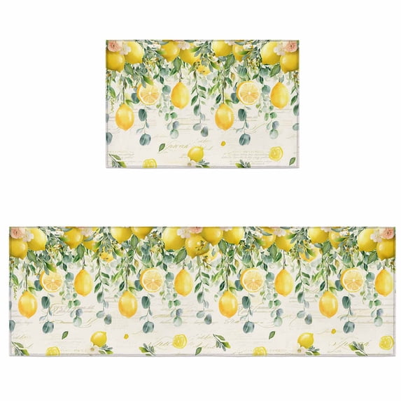 Kitchen Rugs and Mats 2 Pieces Floral Lemon Runner Rug Sets Fruit Eucalyptus Leaf Branch Retro Soft Comfort Standing Kitchen Mats for Floor Absorbent Area Rugs Carpet Non Slip Cushioned Doormat