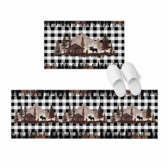 Kitchen Rugs and Mats 2 Pieces Forest Moose Runner Rug Sets Cabin Animal Pine Tree Woodland Plaid Soft Comfort Standing Kitchen Mats for Floor Absorbent Area Rugs Carpet Non Slip Cushioned Doormat