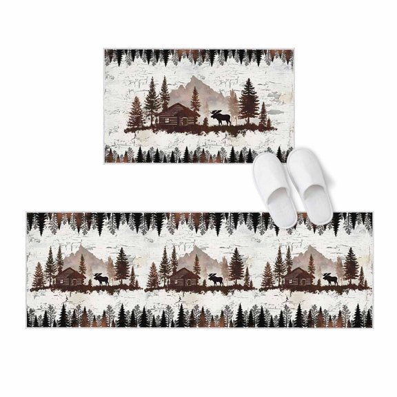 Kitchen Rugs and Mats 2 Pieces Forest Moose Runner Rug Sets Log Cabin Animal Pine Tree Woodland Soft Comfort Standing Kitchen Mats for Floor Absorbent Area Rugs Carpet Non Slip Cushioned Doormat