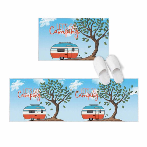 Kitchen Rugs and Mats 2 Pieces Let's Go Camping Runner Rug Sets Camper Van Trees Blue Sky Soft Comfort Standing Kitchen Mats for Floor Absorbent Area Rugs Carpet Non Slip Cushioned Doormat