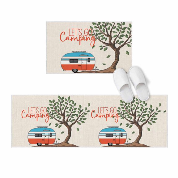 Kitchen Rugs and Mats 2 Pieces Let's Go Camping Runner Rug Sets Red Camper Van Trees Linen Soft Comfort Standing Kitchen Mats for Floor Absorbent Area Rugs Carpet Non Slip Cushioned Doormat