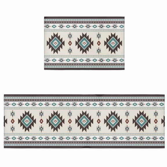 Kitchen Rugs and Mats 2 Pieces Green Bohemian Runner Rug Sets Southwest Tribal Aztec Geometric Soft Comfort Standing Kitchen Mats for Floor Absorbent Area Rugs Carpet Non Slip Cushioned Doormat