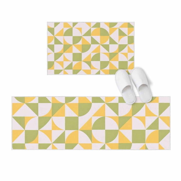 Kitchen Rugs and Mats 2 Pieces Green Quarter Circles Runner Rug Sets Geometric Triangle Shards Soft Comfort Standing Kitchen Mats for Floor Absorbent Area Rugs Carpet Non Slip Cushioned Doormat