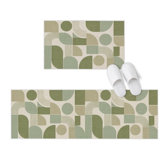 Kitchen Rugs and Mats 2 Pieces Green Quarter Circles Runner Rug Sets Modern Geometric Arch Lines Soft Comfort Standing Kitchen Mats for Floor Absorbent Area Rugs Carpet Non Slip Cushioned Doormat