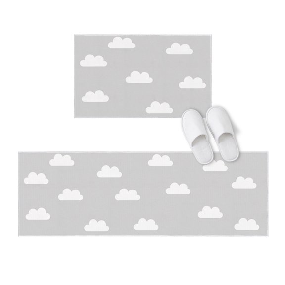 Kitchen Rugs and Mats 2 Pieces Grey Sky Clouds Runner Rug Sets Calm Atmosphere Soft Comfort Standing Kitchen Mats for Floor Absorbent Area Rugs Carpet Non Slip Cushioned Doormat