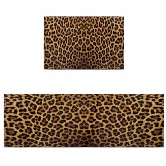 Kitchen Rugs and Mats 2 Pieces Leopard Print Runner Rug Sets Retro Animal Fur Pattern Soft Comfort Standing Kitchen Mats for Floor Absorbent Area Rugs Carpet Non Slip Cushioned Doormat