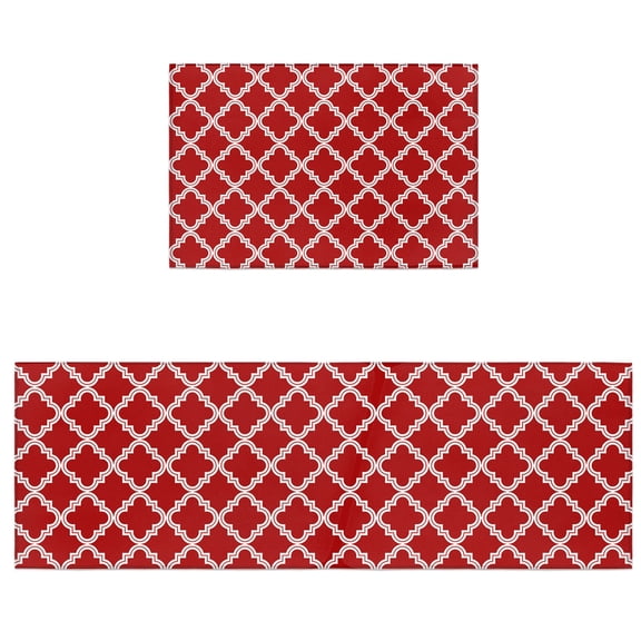 Kitchen Rugs and Mats 2 Pieces Moroccan Pattern Runner Rug Sets Geometric Trellis Red Soft Comfort Standing Kitchen Mats for Floor Absorbent Area Rugs Carpet Non Slip Cushioned Doormat