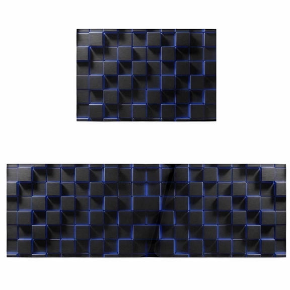 Kitchen Rugs and Mats 2 Pieces Navy Blue Black Cubes Runner Rug Sets Modern Artificial Soft Comfort Standing Kitchen Mats for Floor Absorbent Area Rugs Carpet Non Slip Cushioned Doormat