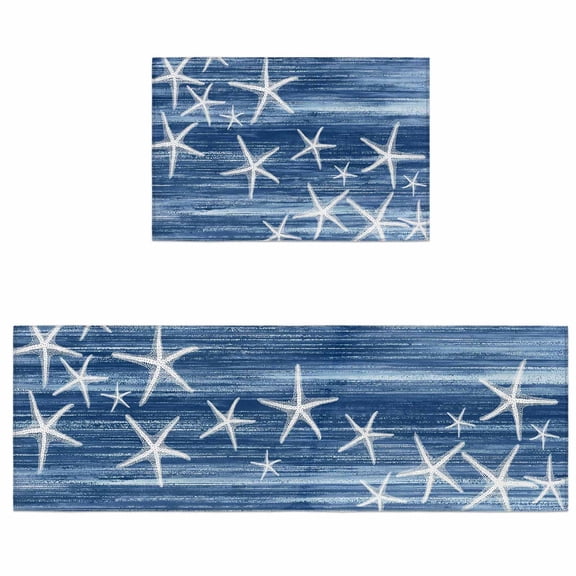 Kitchen Rugs and Mats 2 Pieces Navy Blue Starfish Runner Rug Sets Summer Ocean Beach Soft Comfort Standing Kitchen Mats for Floor Absorbent Area Rugs Carpet Non Slip Cushioned Doormat