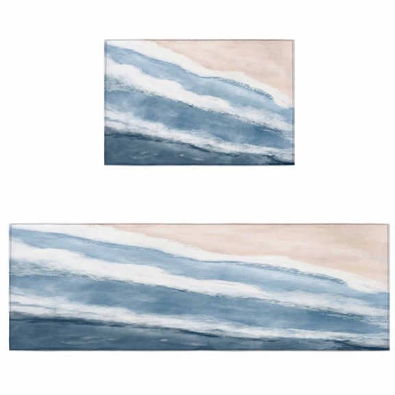 Kitchen Rugs and Mats 2 Pieces Navy Blue Waves Runner Rug Sets Gradient Summer Sandy Beach Soft Comfort Standing Kitchen Mats for Floor Absorbent Area Rugs Carpet Non Slip Cushioned Doormat