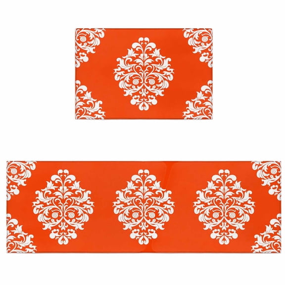 Kitchen Rugs and Mats 2 Pieces Orange Flower Runner Rug Sets Classical Luxury Abstract Art Soft Comfort Standing Kitchen Mats for Floor Absorbent Area Rugs Carpet Non Slip Cushioned Doormat