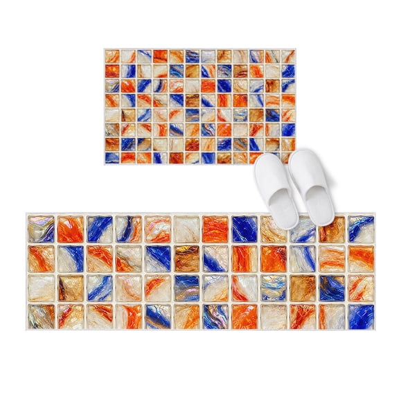 Kitchen Rugs and Mats 2 Pieces Orange Square Mosaic Runner Rug Sets Glass Blocks Tiles Soft Comfort Standing Kitchen Mats for Floor Absorbent Area Rugs Carpet Non Slip Cushioned Doormat