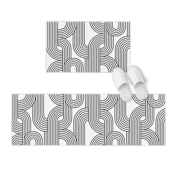 Kitchen Rugs and Mats 2 Pieces Parallel Arching Lines Runner Rug Sets Black Wave Tracks Soft Comfort Standing Kitchen Mats for Floor Absorbent Area Rugs Carpet Non Slip Cushioned Doormat