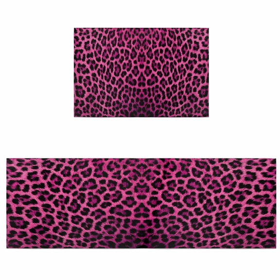 Kitchen Rugs and Mats 2 Pieces Pink Leopard Print Runner Rug Sets Retro Animal Fur Pattern Soft Comfort Standing Kitchen Mats for Floor Absorbent Area Rugs Carpet Non Slip Cushioned Doormat