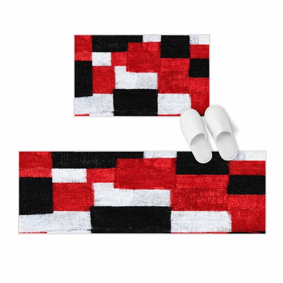 Kitchen Rugs and Mats 2 Pieces Red Black Blocks Runner Rug Sets Modern Abstract Patchwork Soft Comfort Standing Kitchen Mats for Floor Absorbent Area Rugs Carpet Non Slip Cushioned Doormat