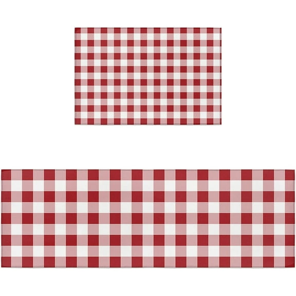 Kitchen Rugs and Mats 2 Pieces Red Buffalo Plaid Runner Rug Sets White Check Soft Comfort Standing Kitchen Mats for Floor Absorbent Area Rugs Carpet Non Slip Farmhouse Cushioned Doormat Home Decor