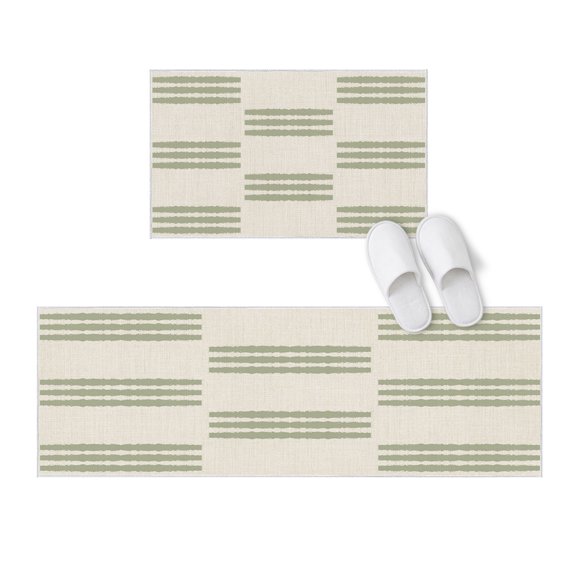 Kitchen Rugs and Mats 2 Pieces Sage Green Linear Rows Runner Rug Sets Modern Horizontal Lines Soft Comfort Standing Kitchen Mats for Floor Absorbent Area Rugs Carpet Non Slip Cushioned Doormat