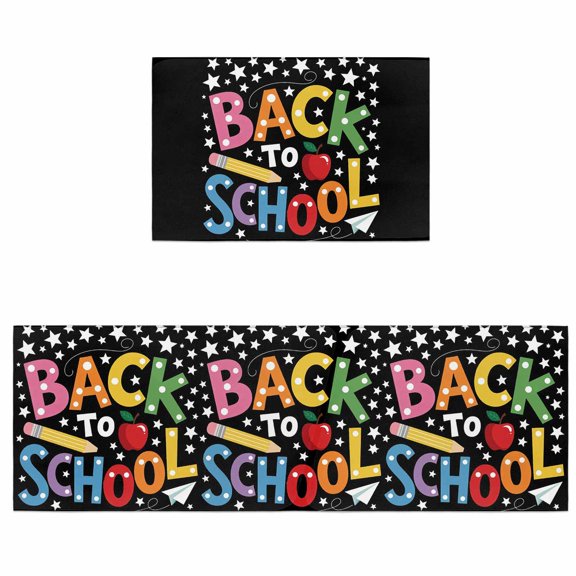 Kitchen Rugs and Mats 2 Pieces School Season Runner Rug Sets Pencil Stars Cartoon Style Black Soft Comfort Standing Kitchen Mats for Floor Absorbent Area Rugs Carpet Non Slip Cushioned Doormat