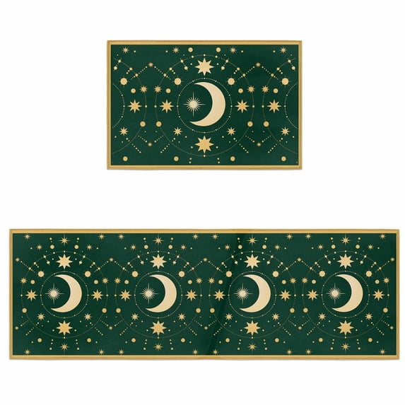 Kitchen Rugs and Mats 2 Pieces Stars Moon Runner Rug Sets Green Bohemian Gorgeous Starry Night Soft Comfort Standing Kitchen Mats for Floor Absorbent Area Rugs Carpet Non Slip Cushioned Doormat